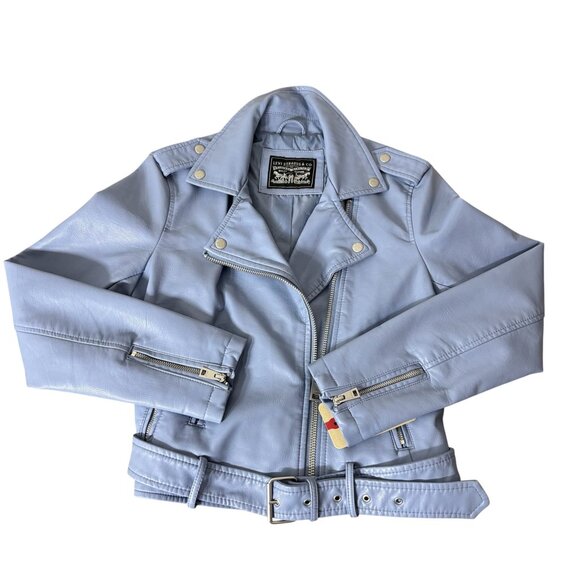 Levi's Belted Faux Leather Motorcycle Jacket Dusty Blue Size Small NWT - Picture 2 of 9